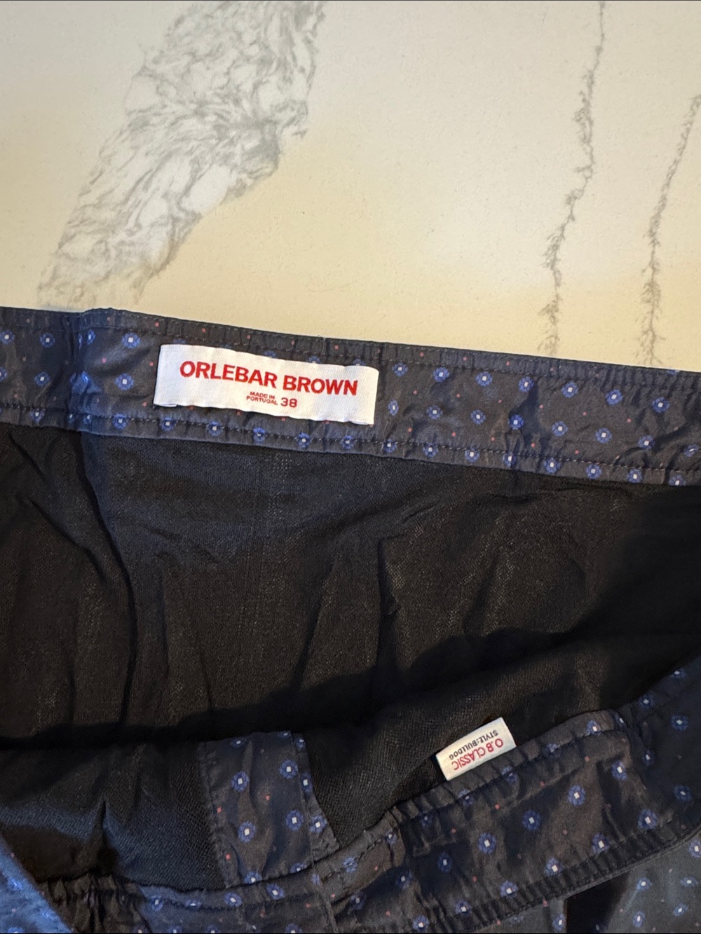 Orlebar Brown Navy Swim Shorts with Light Blue Dot Pattern - Picture 2 of 4